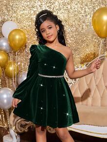 Tween-Mädchen Weihnachtsparty Samt Glitzer asymmetrische Schulter Langarm Kleid, Samt grünes Prinzessinnenkleid, grüner Outfit, Silvester Outfit, grünes Mini-Kleid, Ballkleid, Prinzessin Outfit, Feenkleid - Grün - Übersicht 3