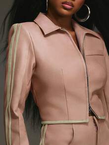 NYA SZN Kelli Jacket Top Long Sleeve Collar Crop Zipper Detail Fitted Pant High Rise Fitted Straight Leg Everyday Casual Streetwear Fall Winter Carnival Outfits For Women - Pink - View 5