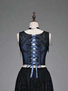ROMWE Gothic Medieval Palace Style Church & Castle Print Contrast Color Low-Cut Fitted Lace-Up Camisole - Blue - View 2