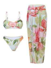 Swim Oasis 3pcs/Set Random Floral Print Removable Strap Bikini Set With Skirt, Elegant & Sexy Adult Beach Party Christmas Swimsuit - Multicolor - View 5