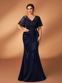 Serin Plus Size Elegant Navy Blue Winter Dress,Formal Party Wedding Mother Of The Bride Sequin Floral Lace Applique Elastic Satin Ruffle Sleeve Gown - Blue - View 8