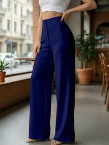 Pantalón Pinzas al Frente y Pierna Amplia.  Tela Stretch. - Azul Marino - Ver 3