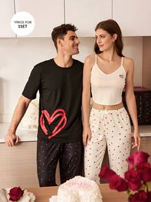 SHEIN Men's Ribbed Heart Print Short Sleeve & Pants Casual Pajama Set - Black - View 6