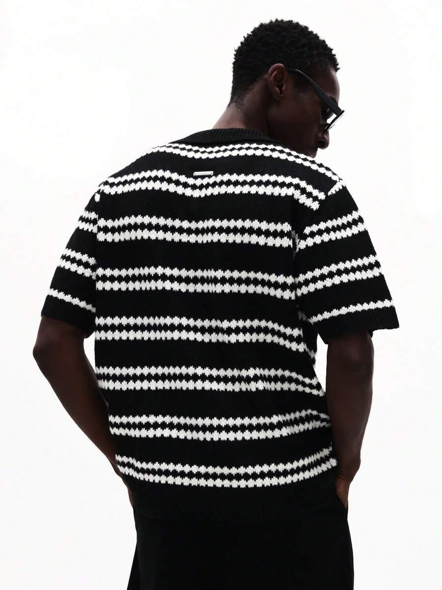 SUMWON Striped Knit Polo Short Sleeve Crew Neck Regular Fit Casual Summer Top - Black and White - View 1