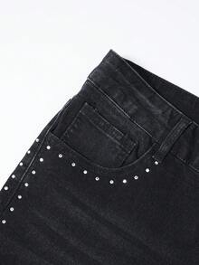 ROMWE MEN 男士休闲时尚街头交叉水钻水洗喇叭牛仔裤 - 黑色 - 查看 7