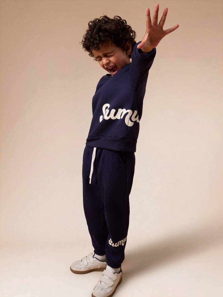 Crew Neck Sweatshirt And Jogger Set With Script Print