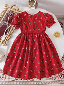 Mädchen beliebtes Kleid mit Rosen-Blumen-Mesh-Spitze-Patchwork, geeignet für Frühling/Sommer, weich & bequem, Mesh-Spitze-Patchwork-Design, rotes Rosen-Muster, Schleifen-Dekor, lässig elegant, geeignet für Ausflüge, Lässig-Anlässe - Violett - Übersicht 2