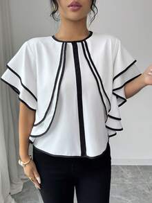SHEIN Elenzya Women's Round Neck Fashionable Black And White Contrast Ruffle Sleeve Blouse - White - View 4