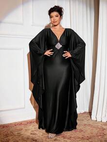 Cravure Vestido largo de fiesta/banquete de punto con escote en V profundo, decoración de cuentas y volumen, talla grande, color borgoña - Negro - Ver 3