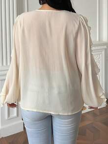 Flirla Casual Elegant Romantic Ruffle Trim V-Neck Loose Flattering Long Sleeve Plus Size Women Blouse, Apricot Color - Apricot - View 3