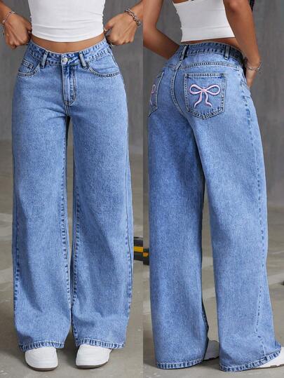 SHEIN ICON Pantalones de mezclilla rectos lavados con bordado de lazo y bolsillos para mujer