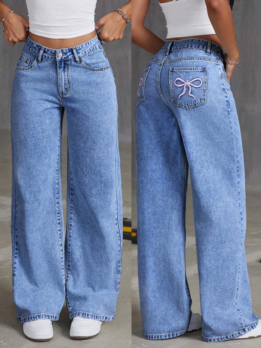 SHEIN ICON Pantalones de mezclilla rectos lavados con bordado de lazo y bolsillos para mujer - Azul lavado medio - Ver 1