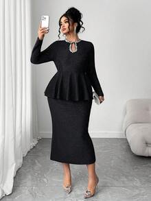 SHEIN Elenzya 大码女式优雅亮片针织水滴领亮片水钻荷叶边腰部修身长裙 - 黑色 - 查看 6