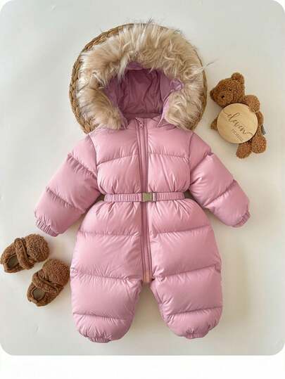 SHEIN Baby Girl Long Sleeve Zipper Collar Patchwork Furry Casual Hooded Winter Jacket