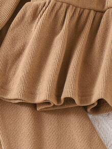 Elladie kids Young Girls Sweet Cute Peter Pan Collar Round Neck Long Sleeve Top Paired With Flared Pants Casual Minimalist Khaki T-Shirt Set Girls Brown Outfit Girls Light Brown Outfit Little Girl Autumn Suit Girls Fall Uniform Clothes - Brown - View 3