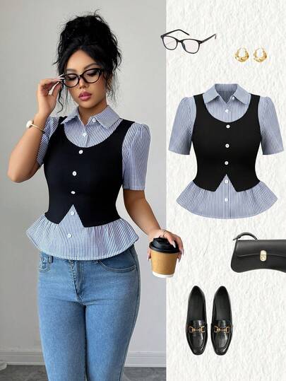 Elenzga Camisa de mujer de rayas azules y blancas con diseño de patchwork, cuello ribeteado de tela negra, diseño de cintura ceñida, elegante vestimenta formal profesional, adecuada para el lugar de trabajo, atuendo de maestra, estilo académico, Día de San Valentín, Pascua, Día del Trabajo, viajes, nueva llegada de primavera/verano, blusa de manga corta con cintura ceñida