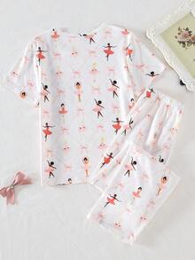 2 peças/Conjunto Top de Gola Redonda Confortável de Manga Curta com Laço e Meninas Adolescentes Estampa Completa e Calça, Conjunto Casual de Roupa de Casa - Rosa chiclete - Visão 2