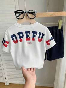 SHEIN 2pcs/Set Baby Boy Cute Casual Korean Style Summer Knit Letter Graphic Short Sleeve Top And Elastic Waist Shorts Set - Multicolor - View 2