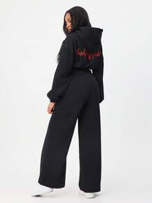 BABYPHAT Baggy Wide Leg Sweatpants With Red Script Logo Print Casual Joggers Drawstring Waist Comfortable Loungewear - Black - View 3