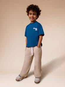 SUMWON Boys Pleated Drawstring Pull On Wide Leg Casual Beige Khaki Comfortable Everyday Relaxed Fit Cotton Jeans With Elastic Waist - Apricot - View 5