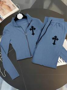 Resyla Women's Cross Embroidery Zip Front Cardigan And Drawstring Waist Pants Casual Suit - Blue - View 5
