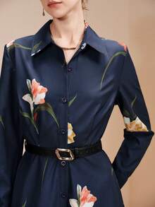 Arave 女士梭织藏蓝色花卉印花长袖收腰A字型长款衬衫裙，优雅女装，女士冬季服装 - 彩色 - 查看 7