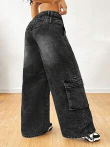 SHEIN 少女休闲水洗低腰阔腿工装牛仔裤 - 黑色 - 查看 2