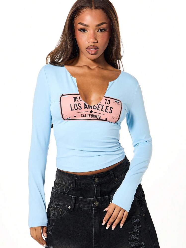 SUMWON WOMEN Notch Neck Graphic Top With Los Angeles Print