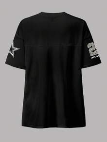 Rovax Women's V-Neck Loose T-Shirt With "Irreplaceable" Slogan And 23 Numeric Print - Black - View 2