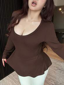 Dazy Plus Plus Size Women Solid Color Elastic Wrap V-Neck Cinched Waist Long Sleeve Elegant T-Shirt, Spring/Summer