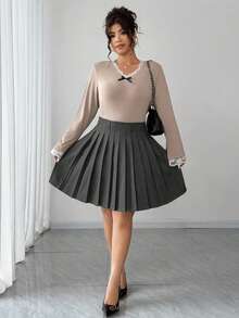 Dazy Plus 大码女式A字迷你百褶裙，纯色，百搭，学院风，初秋 - 深灰色 - 查看 6