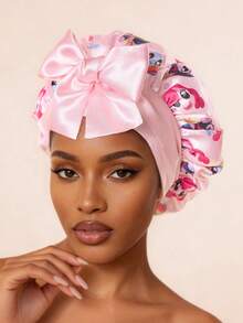 My Little Pony X SHEIN 升级版双层粉色女士护发帽，宽弹力缎面卡通印花睡眠帽，柔软舒适，适合日常居家、睡眠，系带设计 - 粉色 - 查看 6