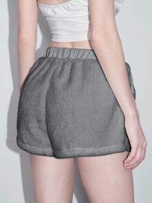 ROMWE Y2K Gothic Cross Embroidered Fuzzy Women Shorts, Halloween - Dark Grey - View 3