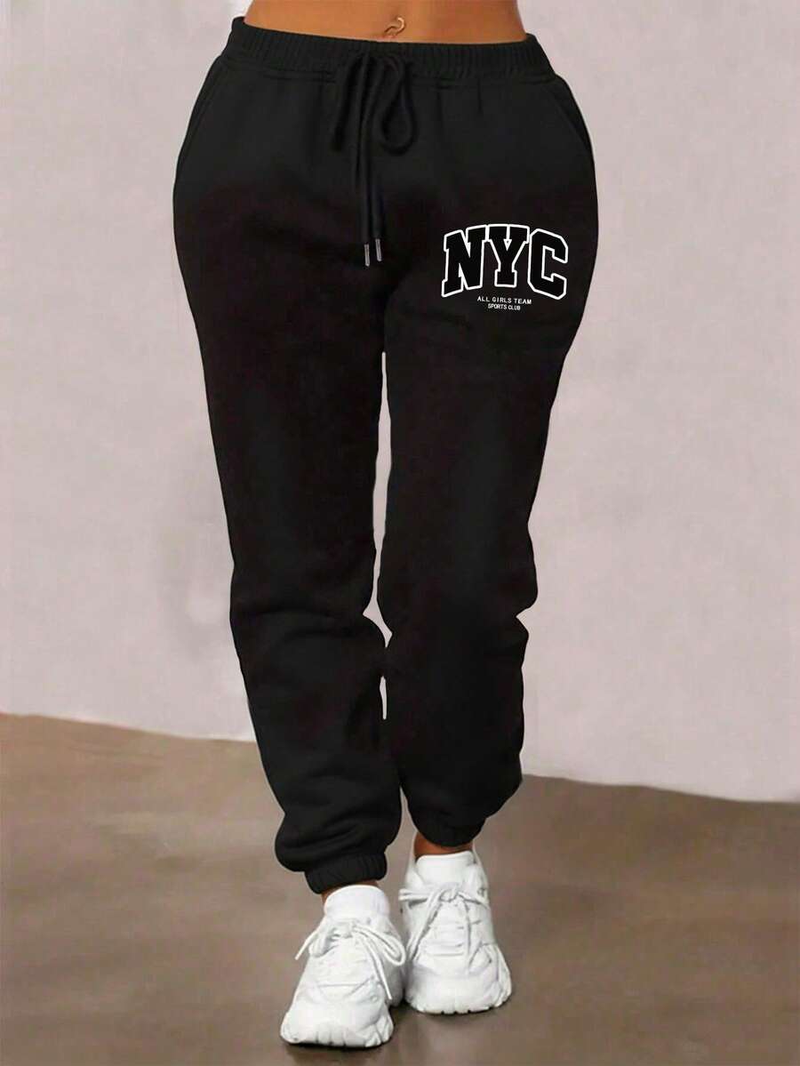 INAWLY 女士休闲裤，百搭运动风，黑色，图案设计，字母印花，时尚百搭，适合秋季、秋冬季、返校季，女士运动裤 - 黑色 - 查看 1