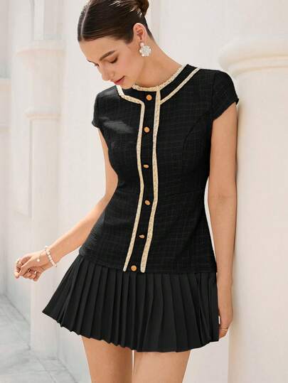 Aveloria Rosie New Elegant Vintage French Style Tweed Patchwork Pleated Metal Button Decor Round Neck Lantern Sleeve Waist Fitted Slim Women Dress