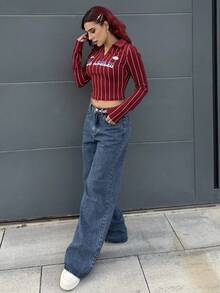 Bearsaez Camiseta de manga larga con cuello de solapa, gráficos vintage Y2K, para salir, festivales y conciertos de otoño, color borgoña