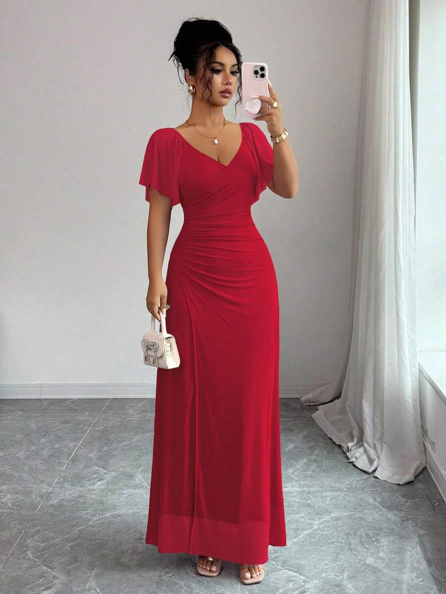 Elenzga 女士浅紫色V领荷叶袖褶裥开衩连衣裙，优雅伴娘礼服，派对礼服，春夏款 - 紅色 - 查看 1