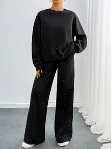 EURMUSE Set da casa in due pezzi con decorazioni in perle per donne - Felpa oversize e pantaloni a gamba ampia, tuta comoda, completo casual con tasche laterali, outfit morbido e confortevole per la casa - nero - Visualizzare 6