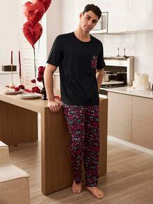 CoupledUp Men's Letter & Heart Print Short Sleeve Pajama Set - Black - View 6