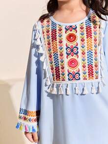 Arabic Style Young Girl Light Blue Dress,Comfortable Loose Fit Tassel Trim Casual Gown For Festivals & Family Matching,Cerise Pink,Autumn Essentials - Baby Blue - View 5