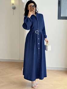 Feyla Đầm denim nữ cài cúc đơn, bất đối xứng, đính vòng kim loại. - Rửa trung bình - Xem 6