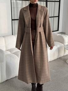 Lavishia Abrigo largo de lana a cuadros para mujer de otoño/invierno con cintura ajustable, elegante prenda exterior, de moda, adecuado para ir al trabajo y uso al aire libre en invierno, estilo Japandi - Caqui - Ver 6