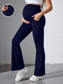 SHEIN 多功能收腹塑形孕妇瑜伽裤，藏蓝色，弹性腰带，可调节抽绳，侧边口袋 - 藏蓝色 - 查看 1