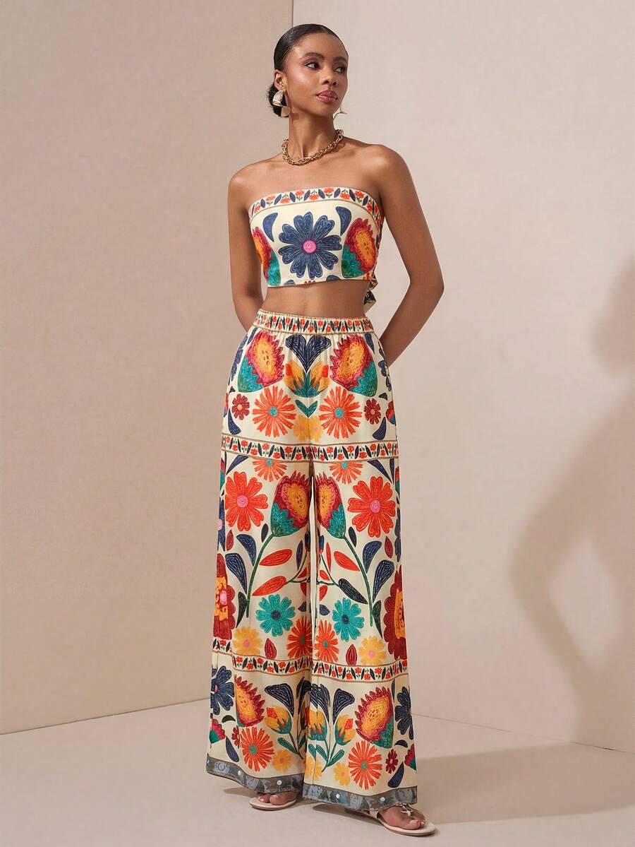 Zivah Floral Print Tie-Front Backless Crop Top And Wide Leg Pants Set, Vacation & Casual Carnival - Multicolor - View 1