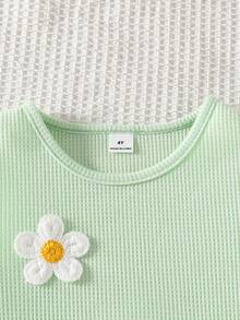 Genkimix Kids Young Girl' Knitted Waffle Fabric Cute Embroidered Daisy Vacation Dress - Green - View 3