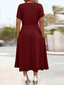 Breezaya 女士优雅麻花针织扭纹连衣裙，休闲通勤，A 字飘逸宽松，修身 - 酒紅色 - 查看 2