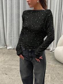 Siren Gaze Damen sexy, romantisch, elegant rückenfreies Pailletten glänzendes Langarm T-Shirt, geeignet für Pendeln, Partys, Jahrestreffen, Dates, Ausflüge, Kombinationen, schick, Neujahrsstimmung