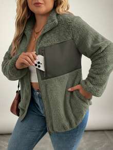 SHEIN LUNE Plus Size Casual Reversible Fleece Patchwork Jacket For Winter Winter Clothes - Army Green - View 4