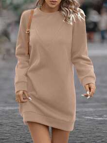 SHEIN LUNE 纯色泡泡袖卫衣连衣裙，适合新年穿着 - 卡其色 - 查看 5