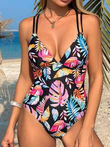 Swim Lushoire Áo tắm liền thân nữ, cổ chữ V, dây đeo có thể điều chỉnh, thiết kế lưng khoét gợi cảm, thời trang và thoải mái cho kỳ nghỉ xuân, hè, thu, đông. - Nhiều màu - Xem 4